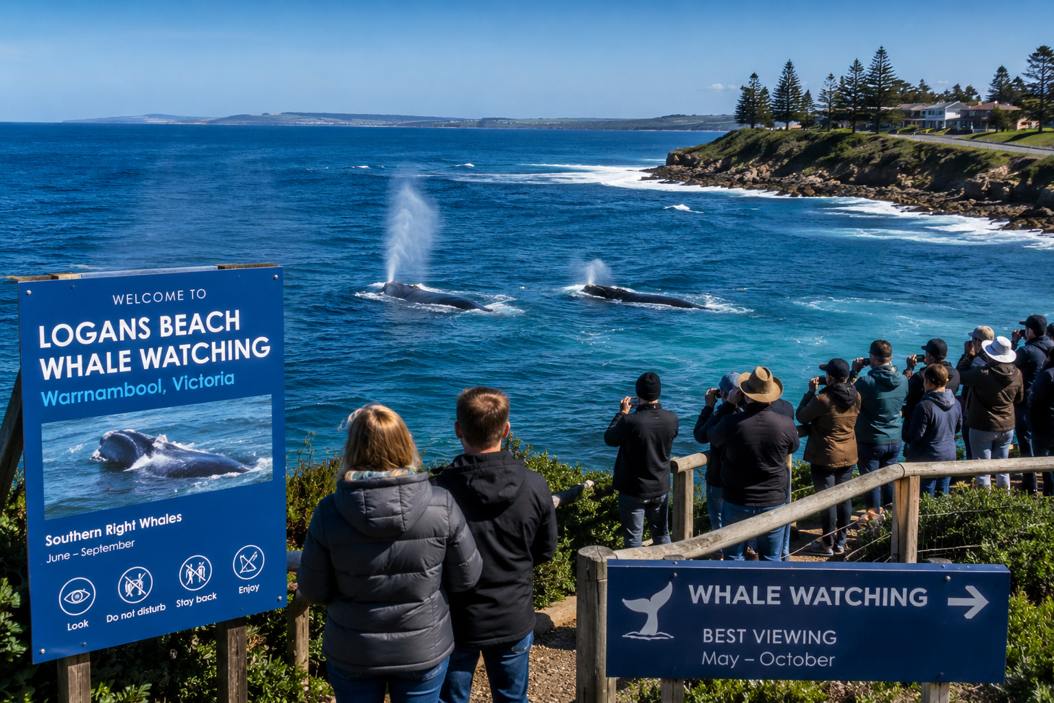 Visitors watching Southern Right Whales at Logans Beach in Warrnambool, Victoria, Australia, from the viewing platform overlooking the Southern Ocean during the annual whale migration season.