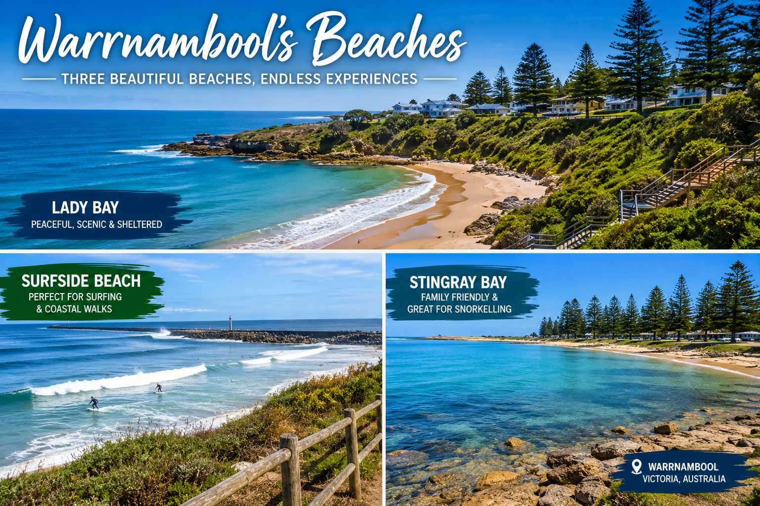 Collage featuring Warrnambool's most popular beaches including Lady Bay, Surfside Beach, and Stingray Bay in Victoria, Australia, showcasing pristine sandy shores, turquoise waters, coastal cliffs, and scenic ocean views.