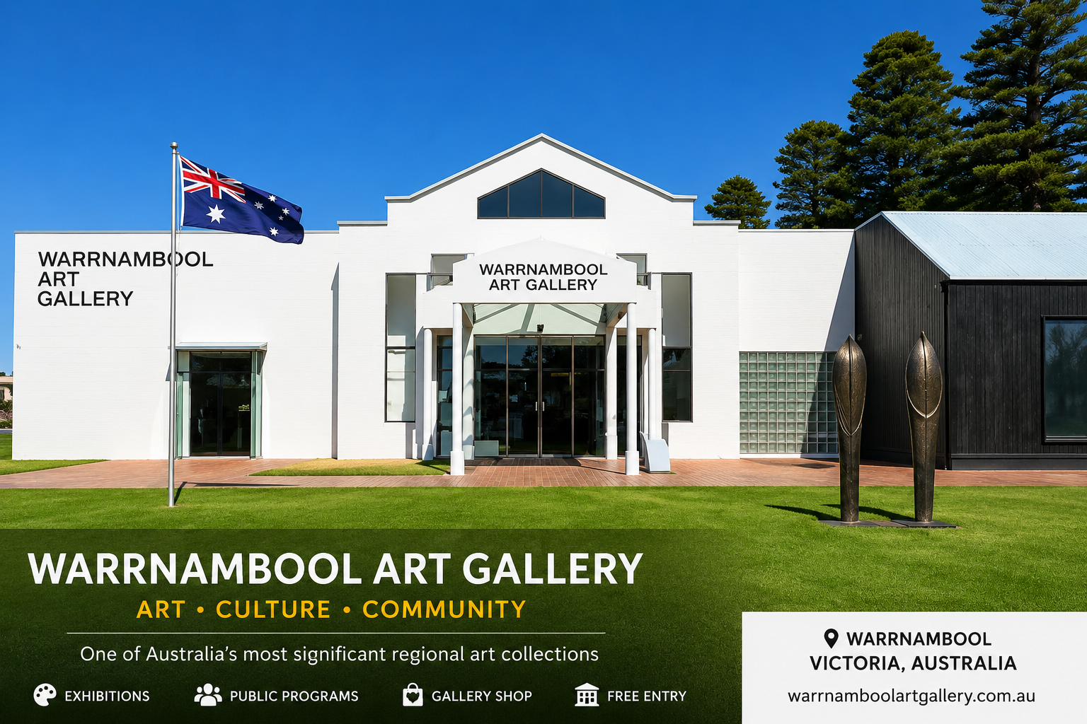 Modern exterior of Warrnambool Art Gallery in Victoria, Australia, featuring contemporary architecture, landscaped grounds, public sculptures, and one of Australia's leading regional art collections.