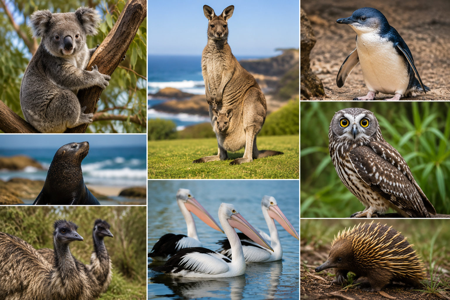 Collage of native Australian wildlife in Warrnambool, Victoria, featuring koalas, kangaroos, little penguins, seals, owls, pelicans, emus, and echidnas in their natural habitats along the southwest coast.
