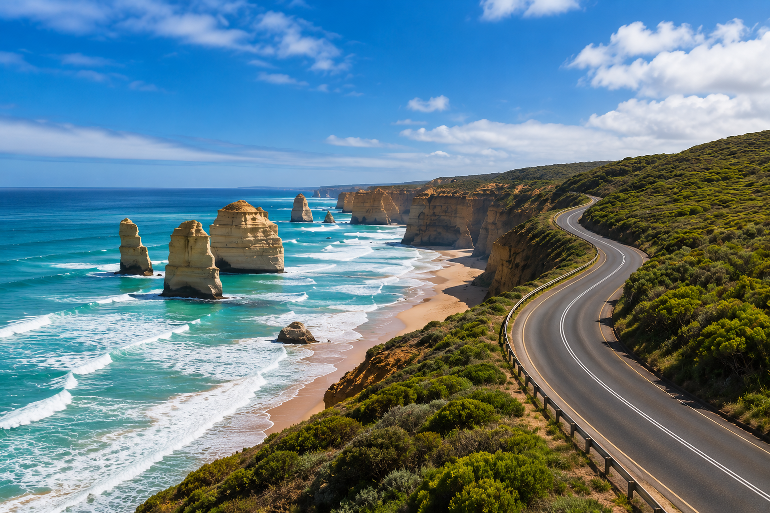 Spectacular Great Ocean Road coastline in Victoria, Australia, featuring the Twelve Apostles, dramatic limestone cliffs, turquoise ocean waters, sandy beaches, and a winding coastal highway overlooking the Southern Ocean.