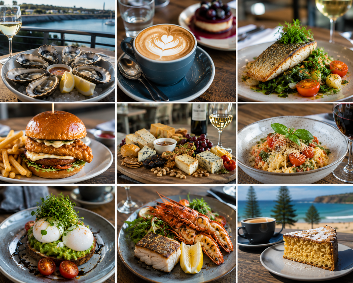 Food collage showcasing Warrnambool's culinary scene in Victoria, Australia, featuring fresh oysters, seafood dishes, gourmet breakfasts, artisan cheese platters, specialty coffee, desserts, and coastal dining experiences.