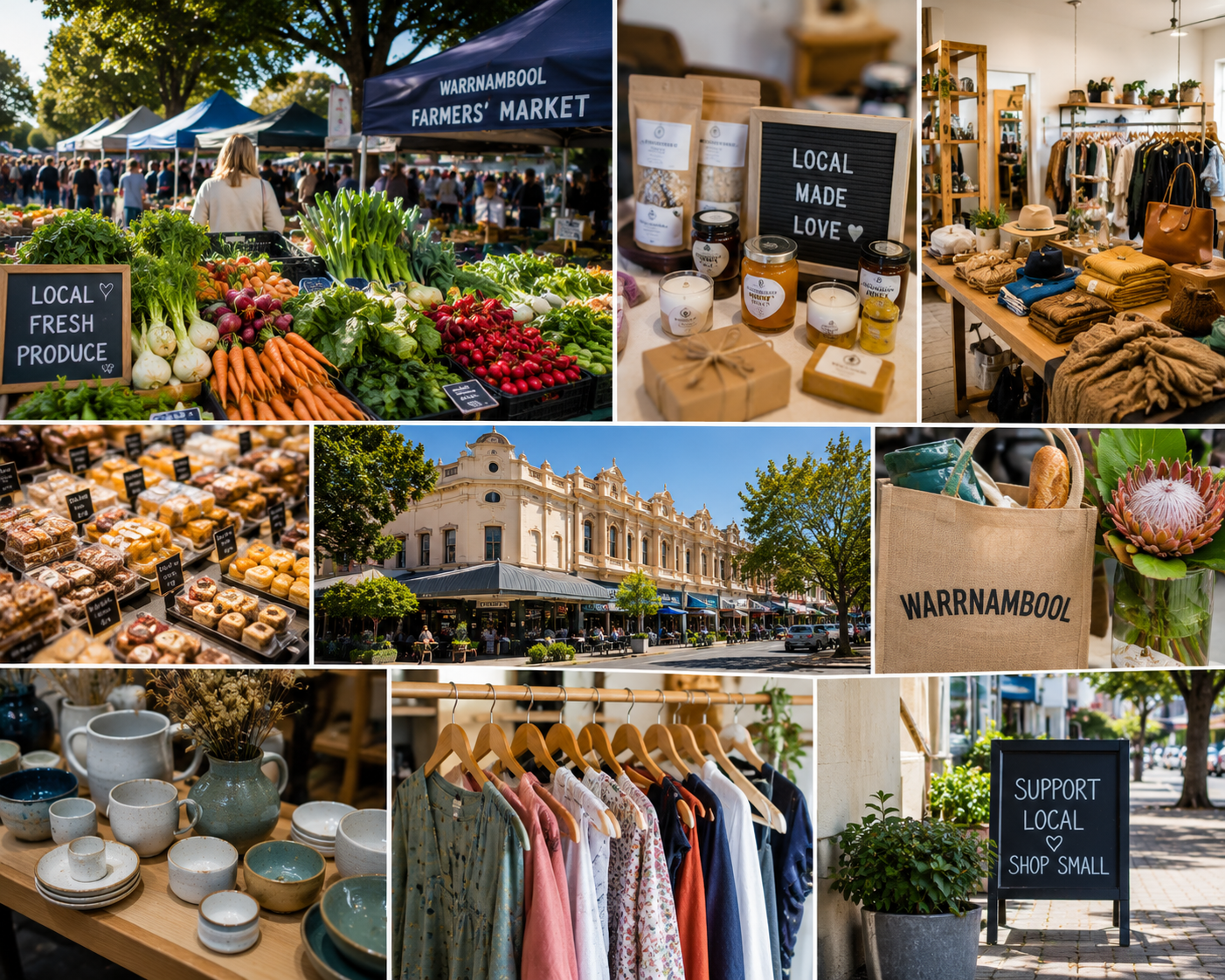 Collage of Warrnambool markets and shopping experiences featuring fresh local produce, artisan goods, boutique fashion stores, handmade crafts, local gifts, specialty food products, and vibrant retail streets in Victoria, Australia.