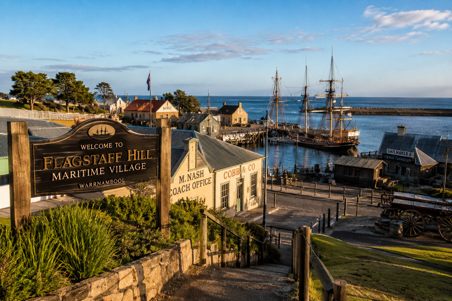 Historic Flagstaff Hill Maritime Village in Warrnambool, Victoria, Australia, featuring restored 19th-century buildings, a traditional sailing ship, waterfront harbor, and maritime heritage attractions overlooking the Southern Ocean.