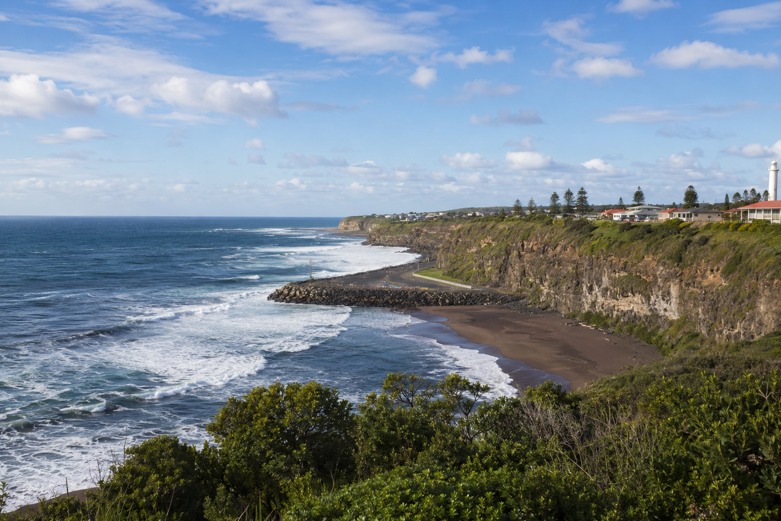 Warrnambool Australia coastal landscape featuring dramatic ocean cliffs, rugged shoreline, crashing waves, sandy beach, and the historic lighthouse overlooking Victoria's Great Ocean Road on a sunny day.