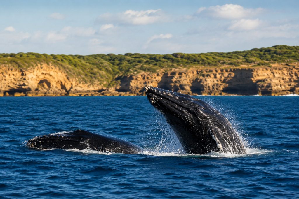Southern Right Whales at Logan's Beach in Warrnambool during July whale watching season near City Heart Motel, Victoria.